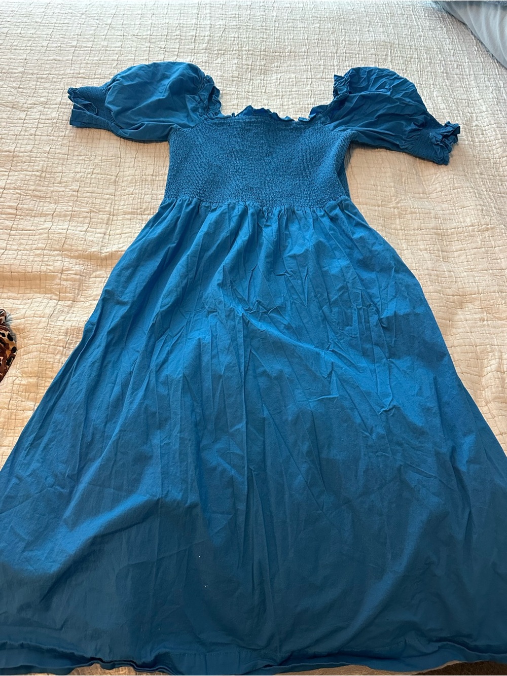 Blue Puff-Sleeve Smocked Bodice Dress